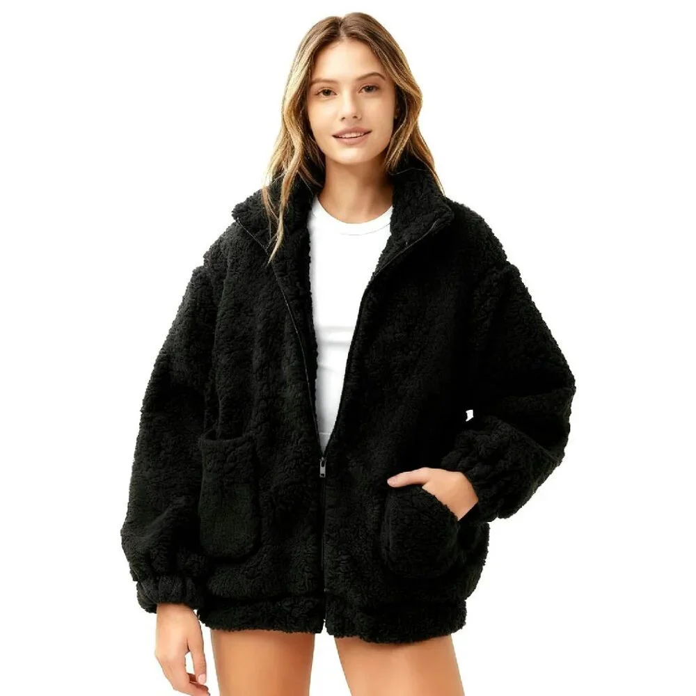 Women's Oversized Fleece Jacket Sherpa Zip Up Winter Faux Fur Coat